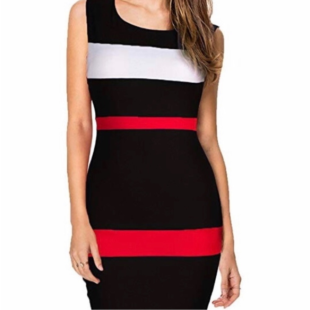 WOOSEA color block dress size medium black red white fitting